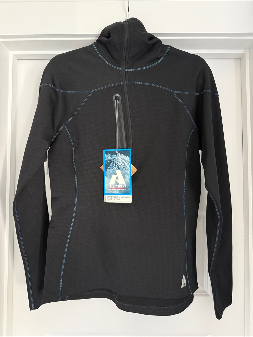 Eddie Bauer Black Base Layer Half Zip Hooded Top with Blue Contrast Stitching